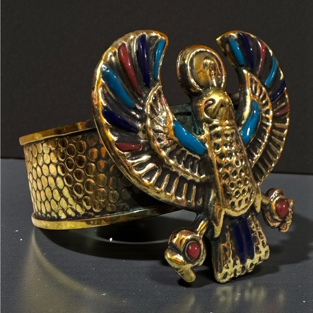 Pharaonic Horus Sky Deity Large Handmade Copper Cuff With Precious Stones. New. - Picture 4 of 11